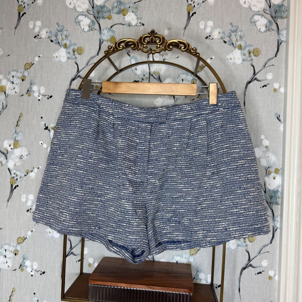 1.STATE Womens Blue White Tweed Boucle Fringed Side Shorts Size 12 High Rise
